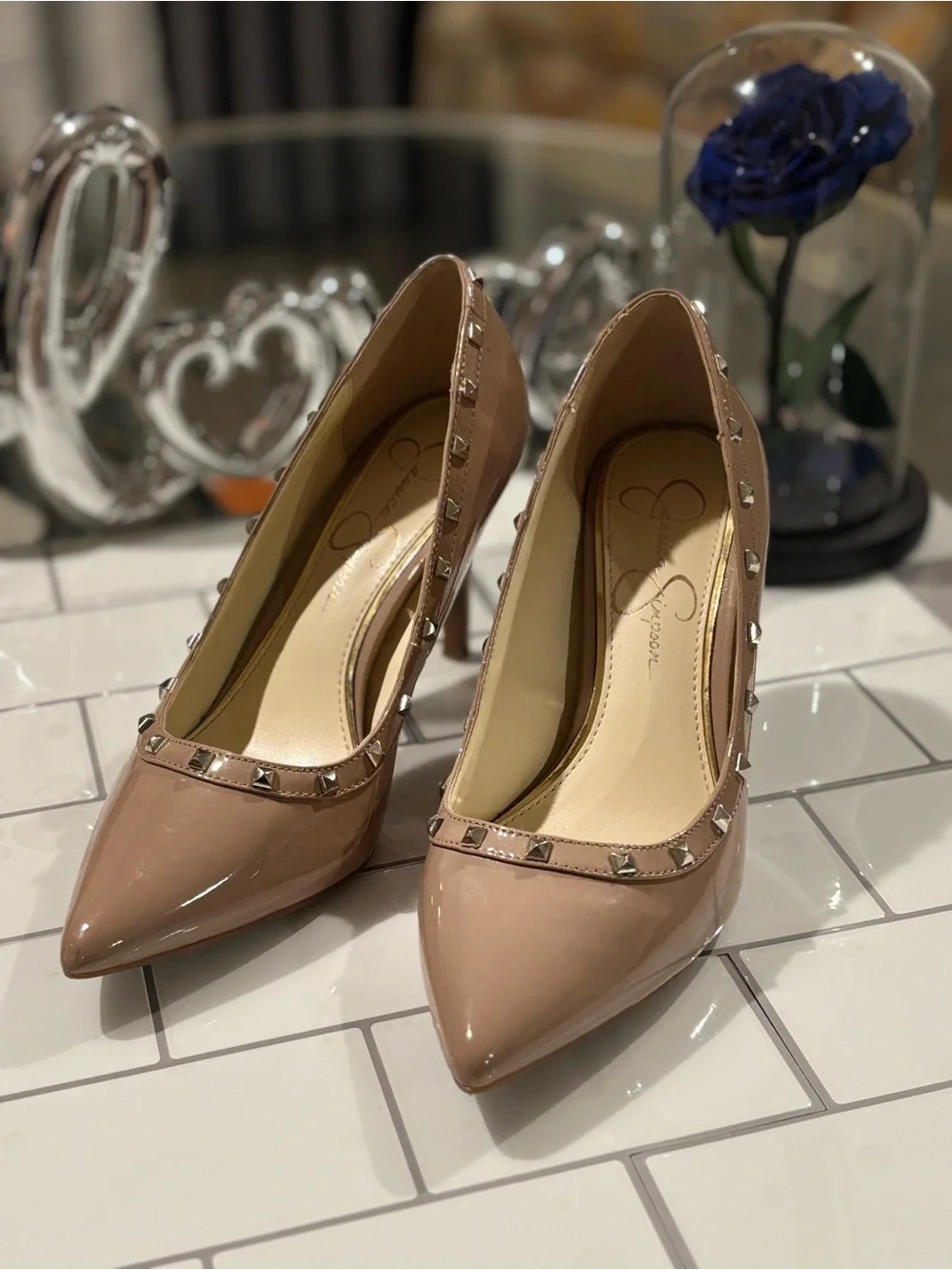 Jessica Simpson Nude Patent Leather Studded Pointed-Toe Pumps
